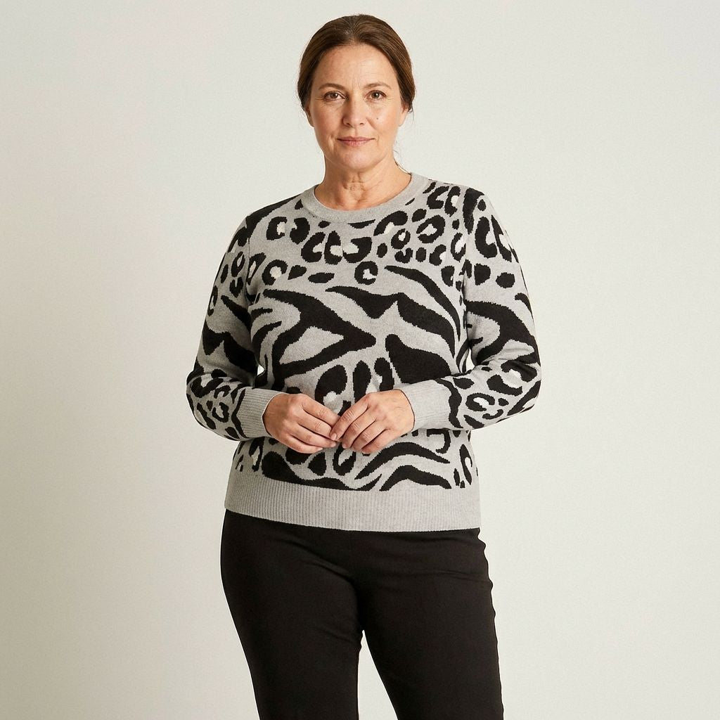 Sweater Gris Estampado Animal Print - Lorenzo di Pontti