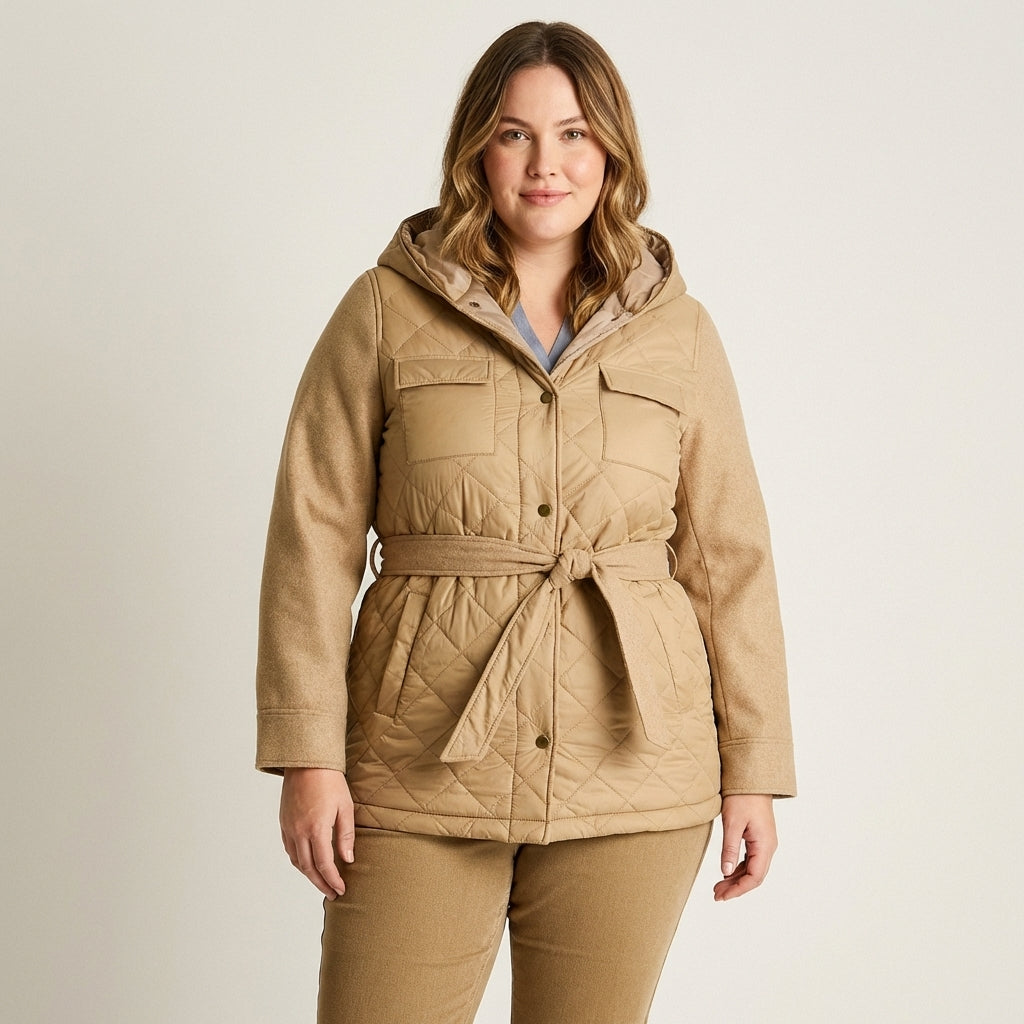 Abrigo Camel con Capucha, Quilt y Amarra en Cintura