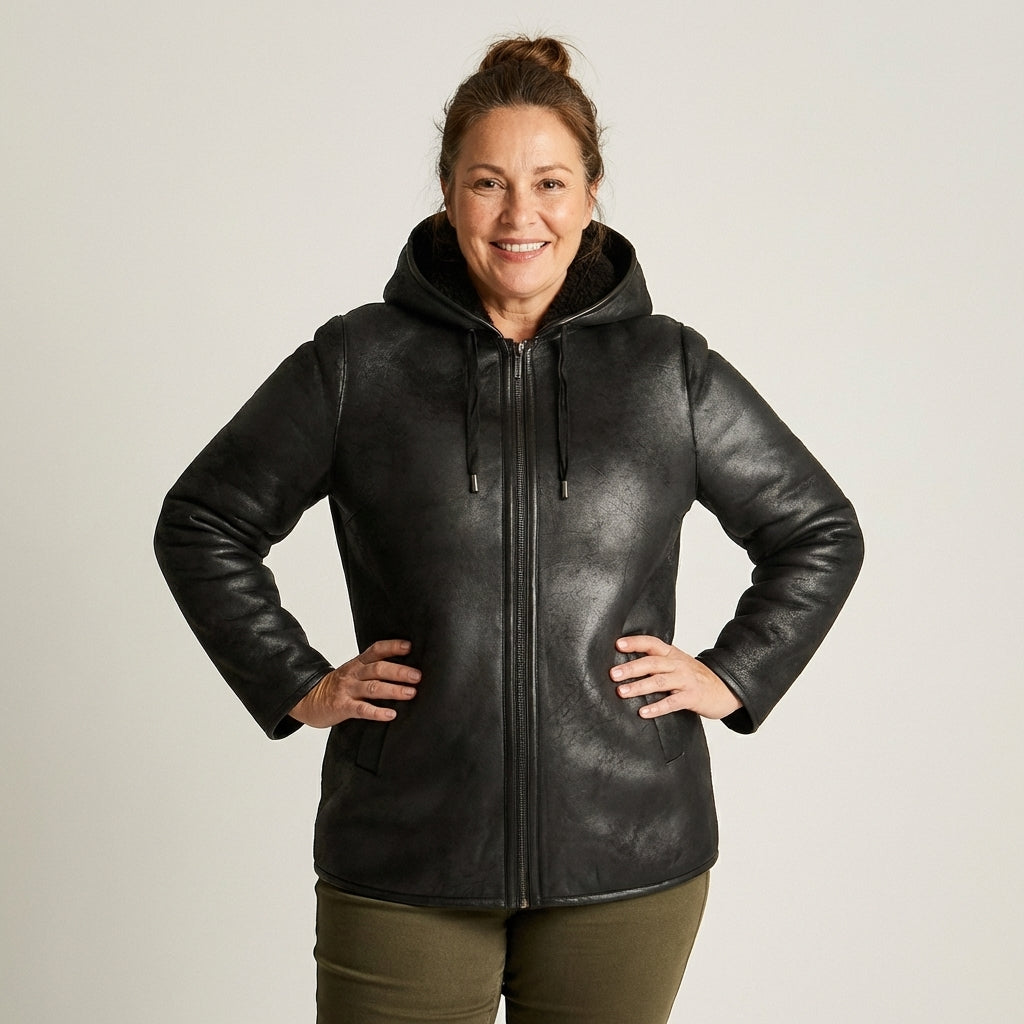 Chaqueta Negra de Ecocuero con Gorro y Forro Sherpa en modelo plus size