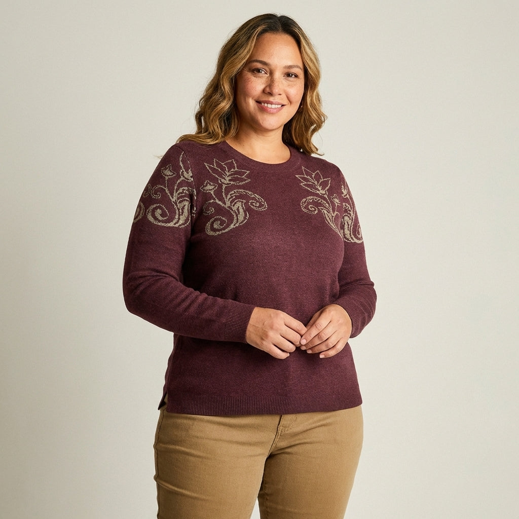Sweater Burdeo con Estampado Floral Dorado en Hombros en Tejido