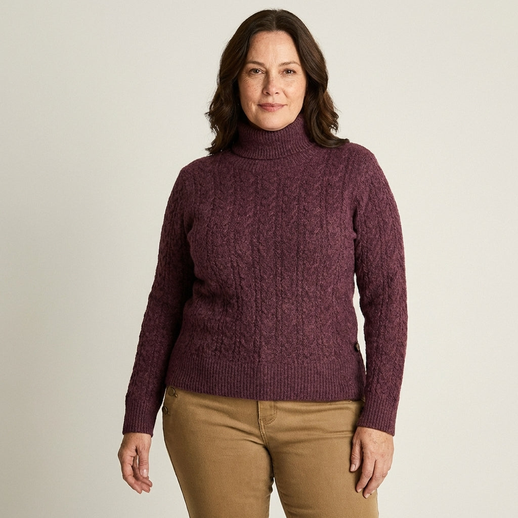 Sweater Burdeo con Cuello Alto y Trenzado Jaspeado en Tejido