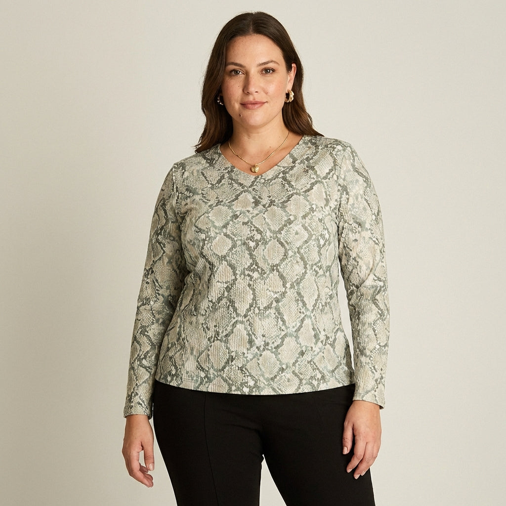 Polera Pistacho Estampada Manga Larga Escote V