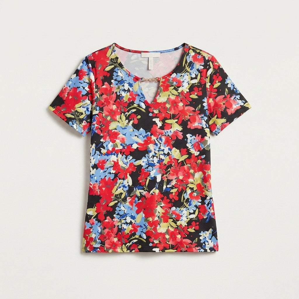 Polera Manga Corta Estampado Floral Azul en plano