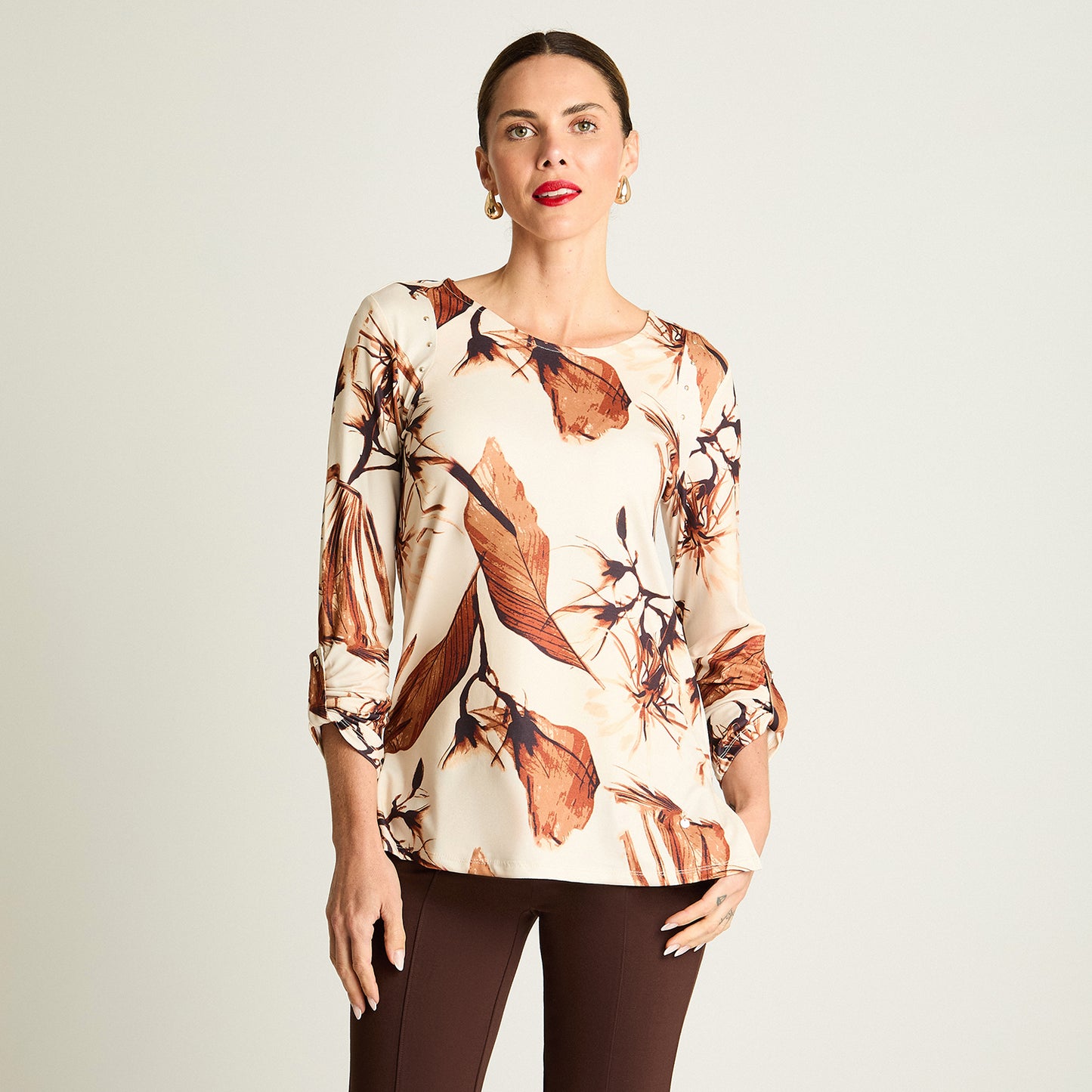 Polera Manga Larga Escote Redondo Estampada Beige Lorenzo Di Pontti