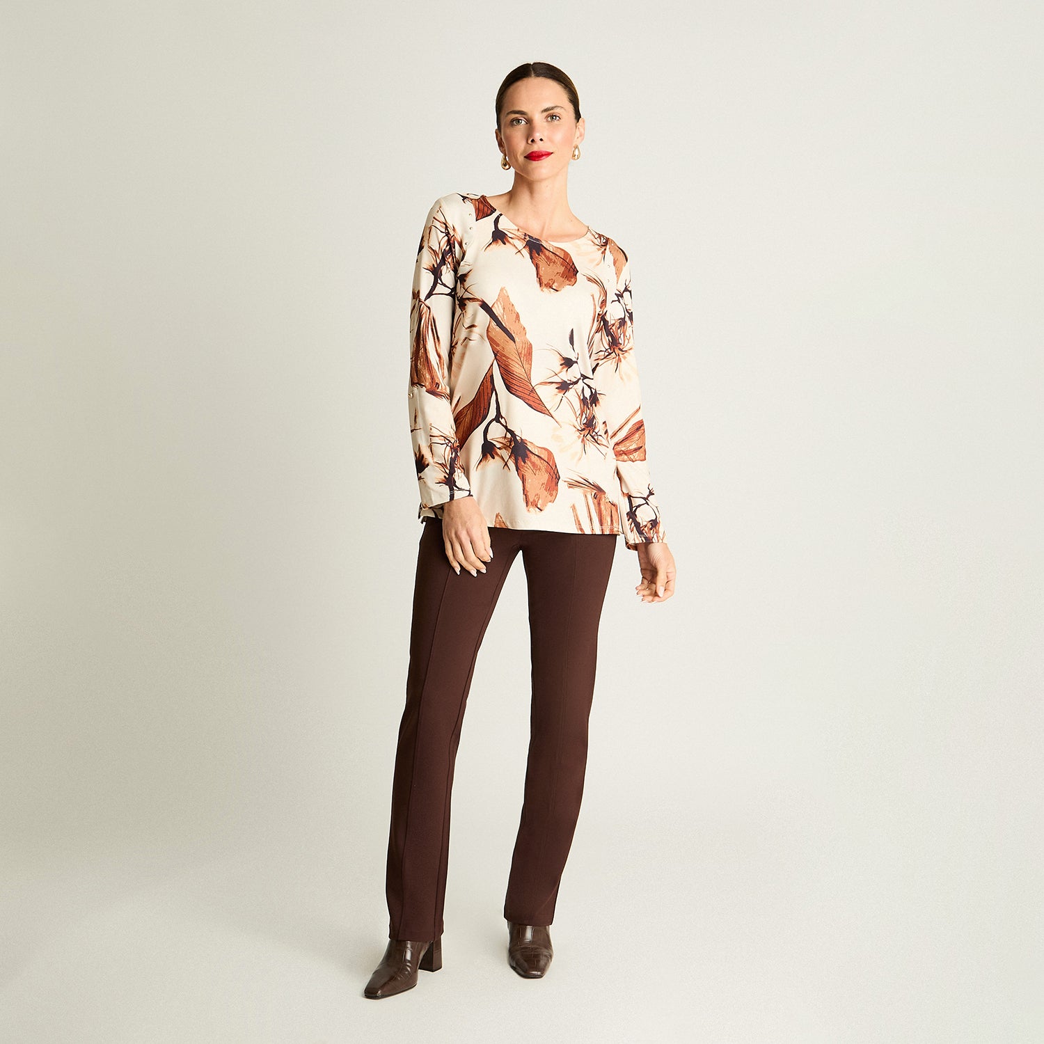 Polera Manga Larga Escote Redondo Estampada Beige Lorenzo Di Pontti