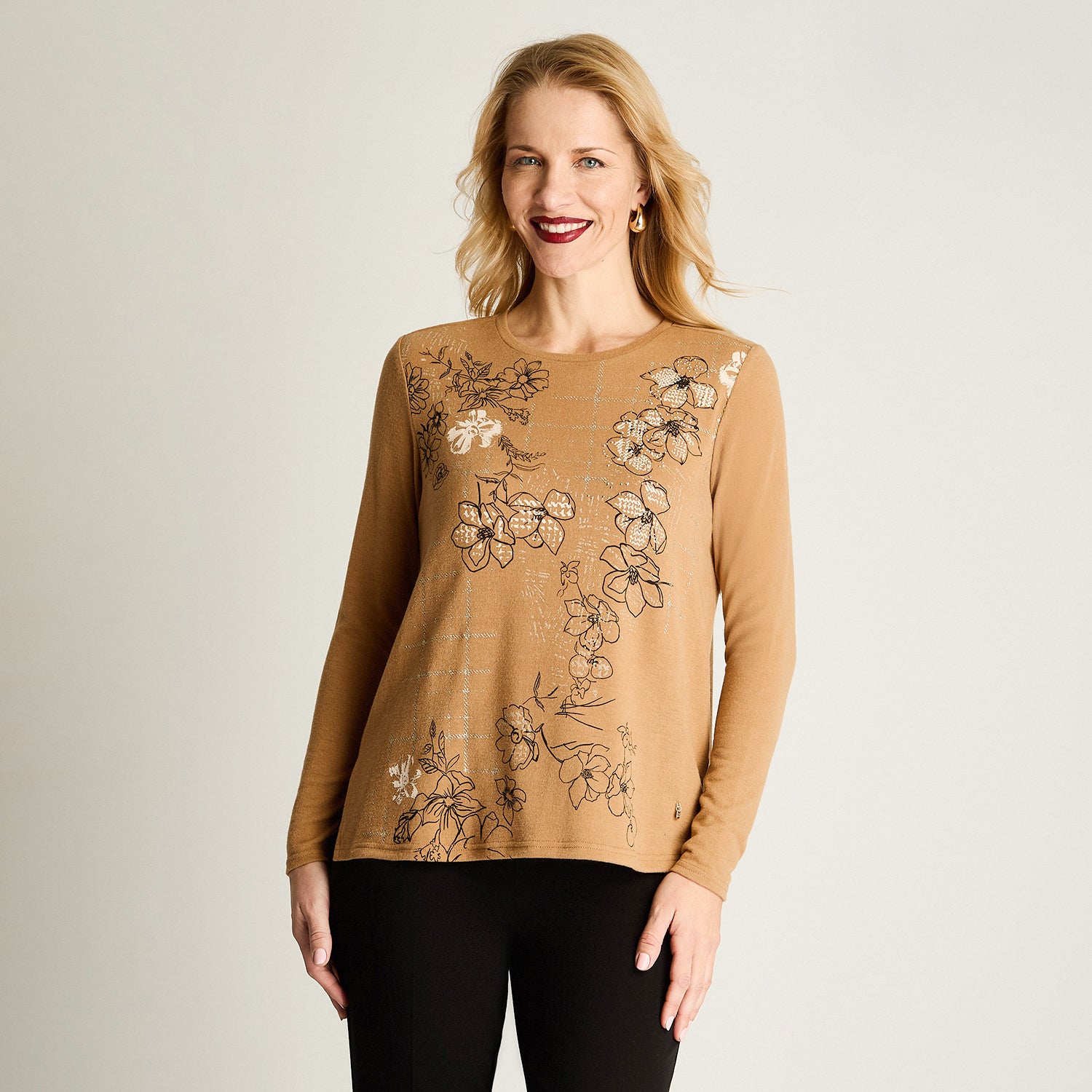 Polera Lanilla Estampada Con Strass Camel