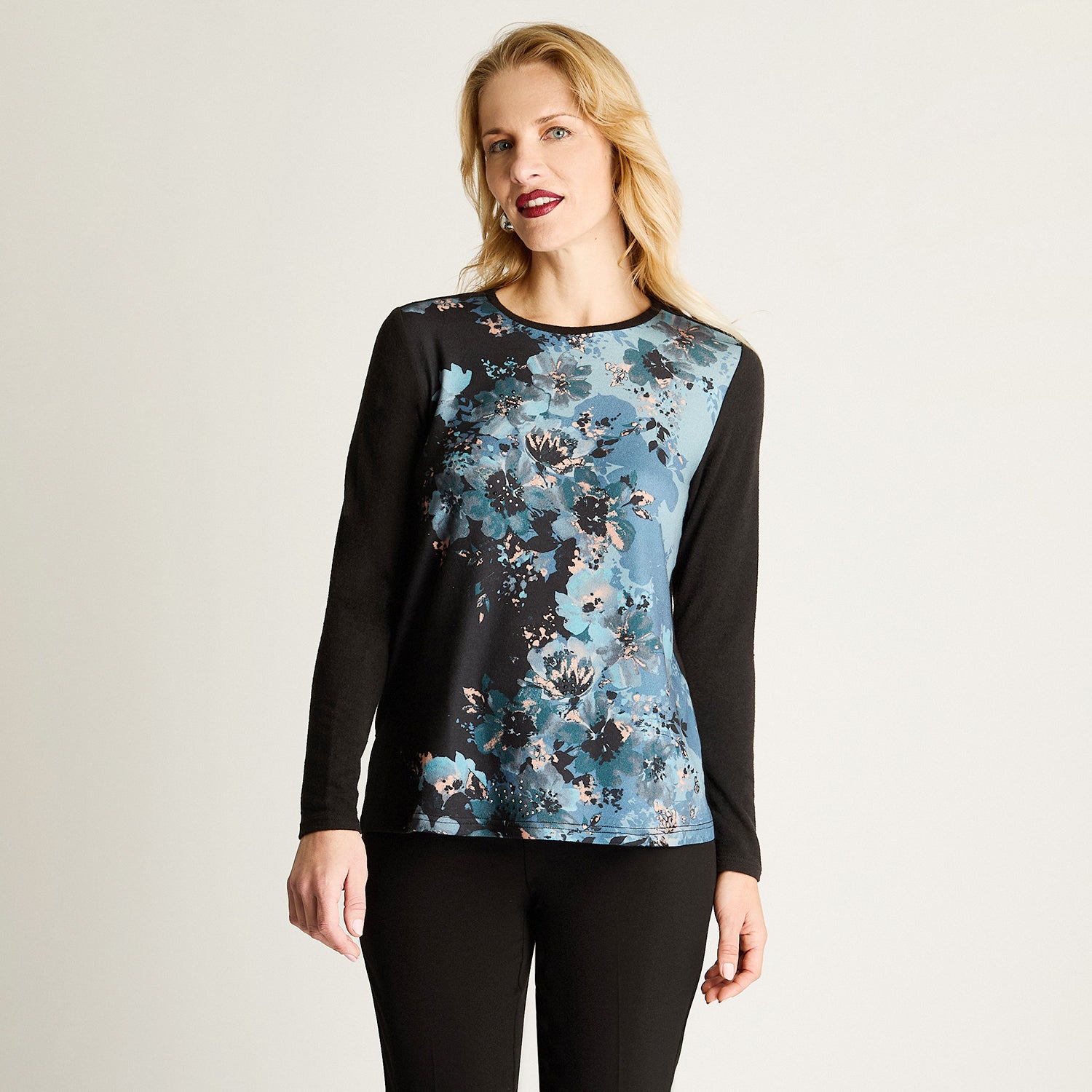 Polera Lanilla Estampada Con Strass Petróleo