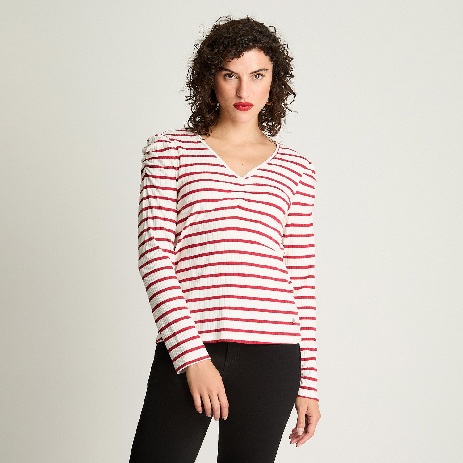 Polera Rib Cuello Fruncido Y Mangas Recogidas Rojo Curvi