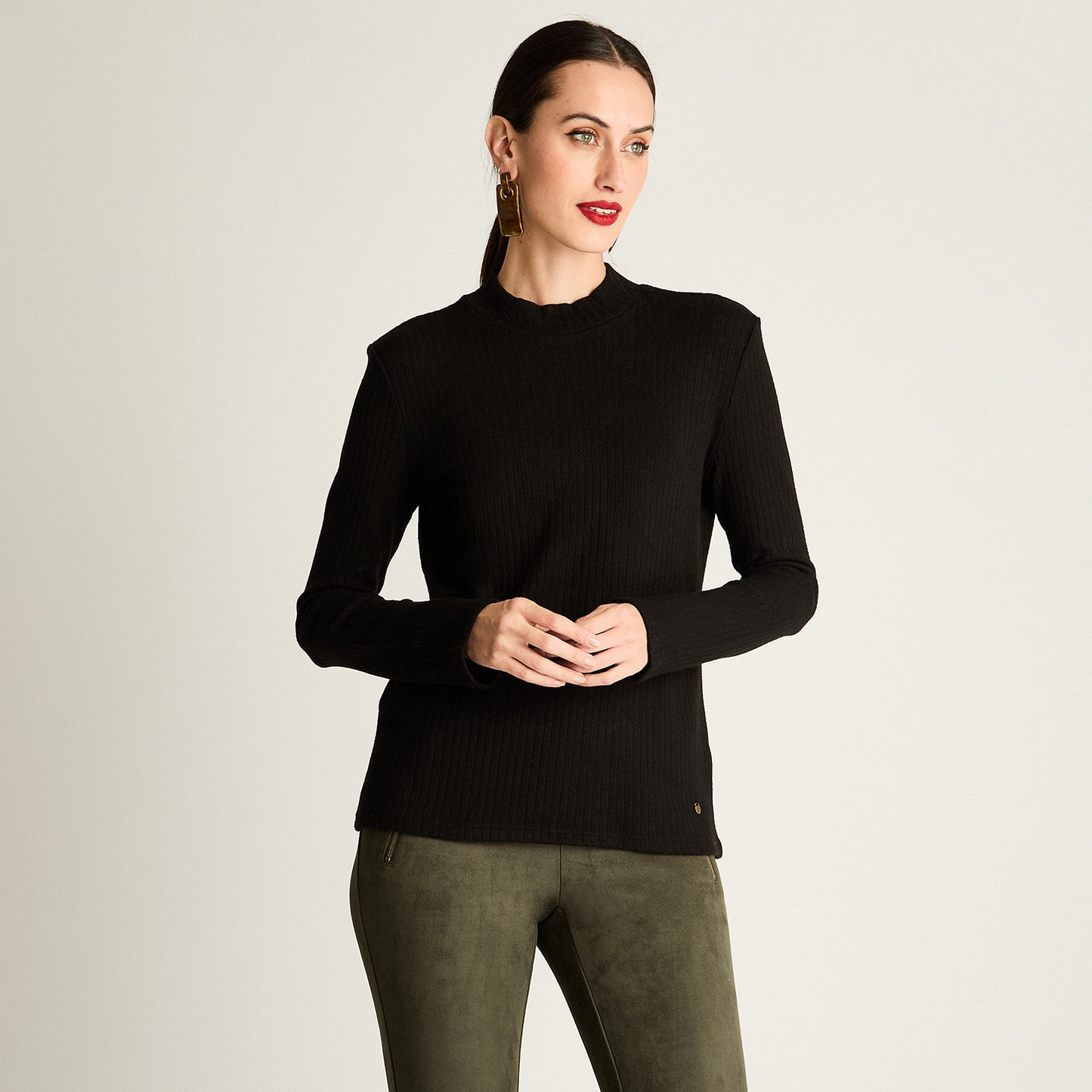 Polera Rib, Cuello Mock Negro
