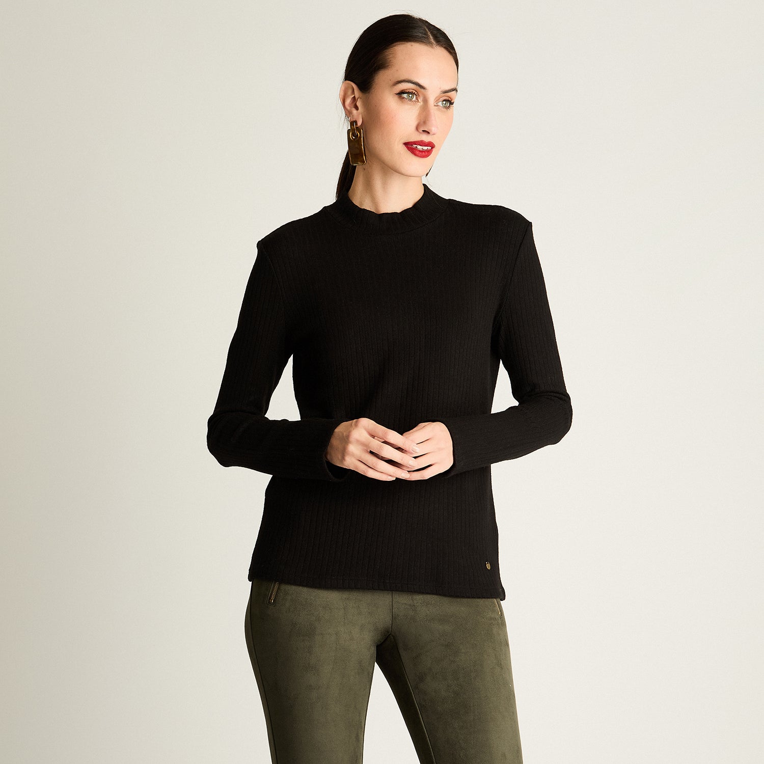 Polera Rib, Cuello Mock Negro