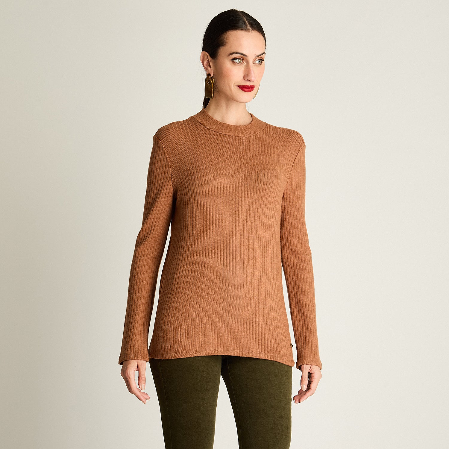 Polera Rib, Cuello Mock Camel