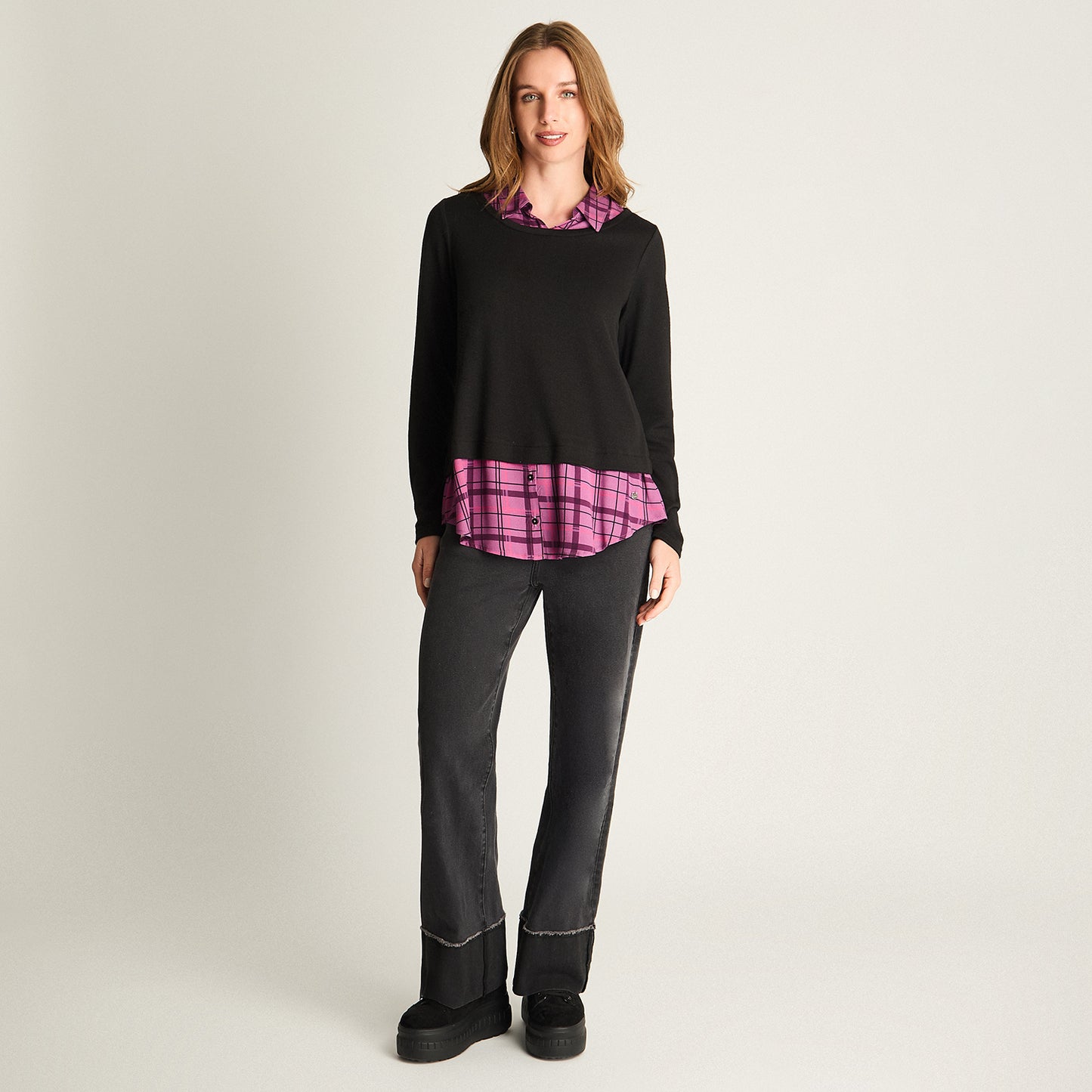 Blusa Fabric Mix Escocesa Negro