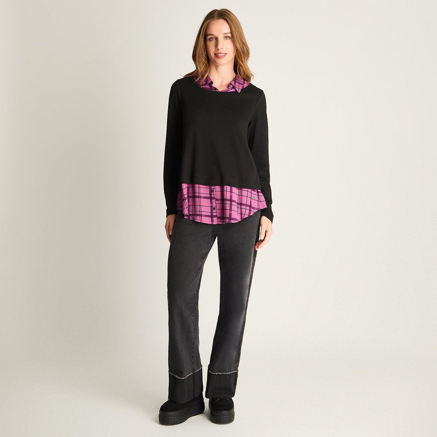 Blusa Fabric Mix Escocesa Negro