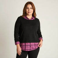Blusa Fabric Mix Escocesa Negro en modelo plus size