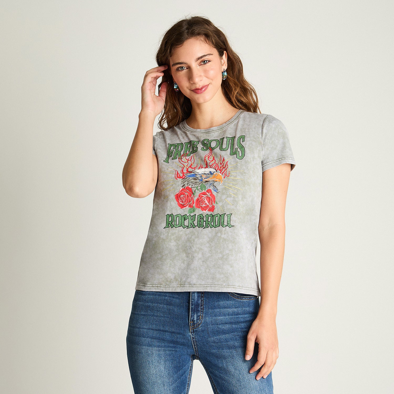 Polera Manga Corta Básica Acid Wash Verde Militar Acuarela