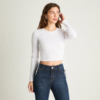 Polera Manga Larga Recogida Blanco Acuarela