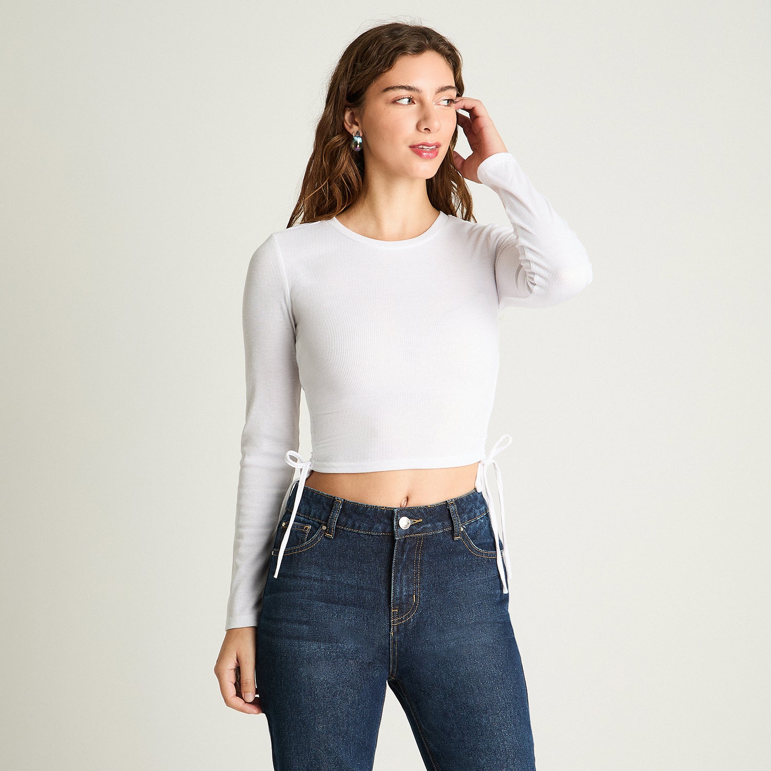 Polera Manga Larga Recogida Blanco Acuarela