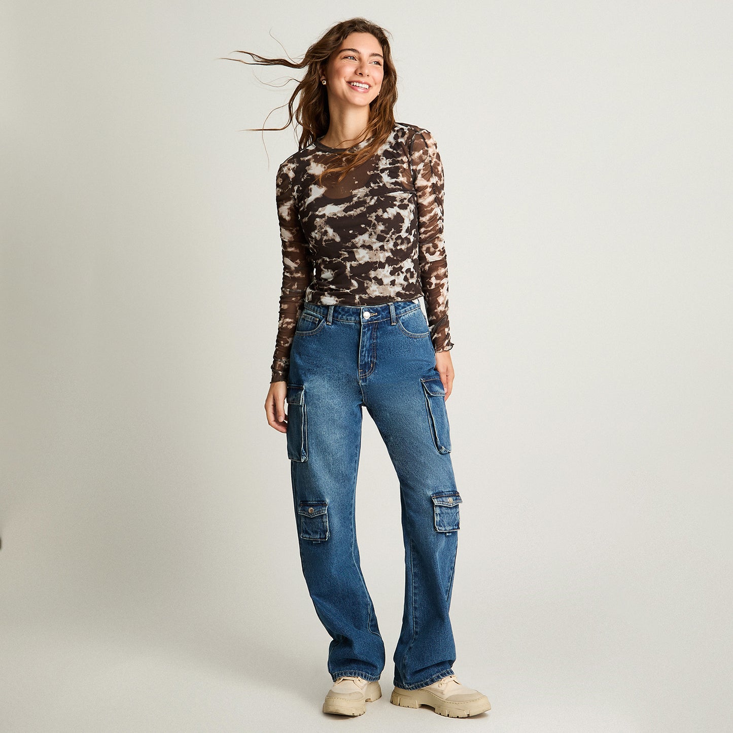 Polera Mesh Estampada Café Acuarela