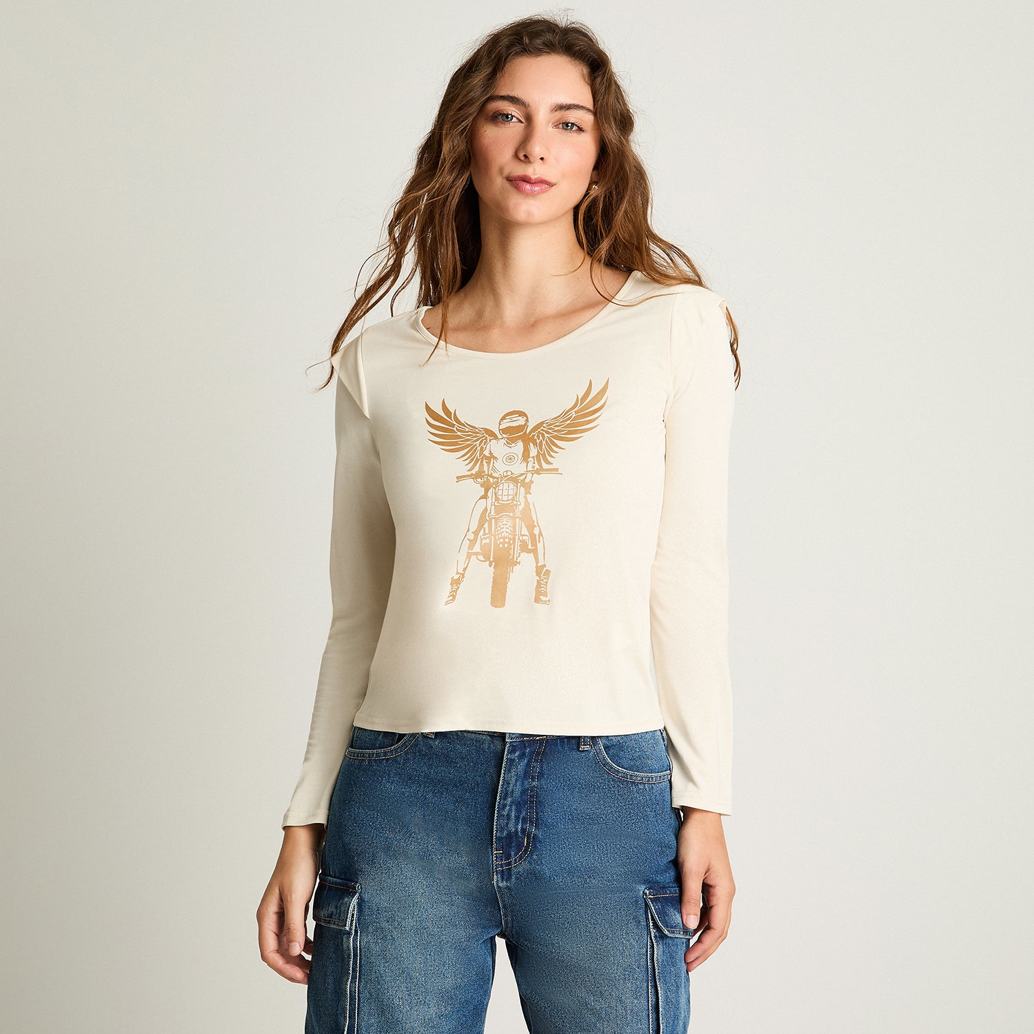 Polera Hombreras Print Localizado Beige Acuarela