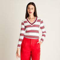 Polera Cuello V Listada Blanco