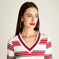 Polera Cuello V Listada Blanco