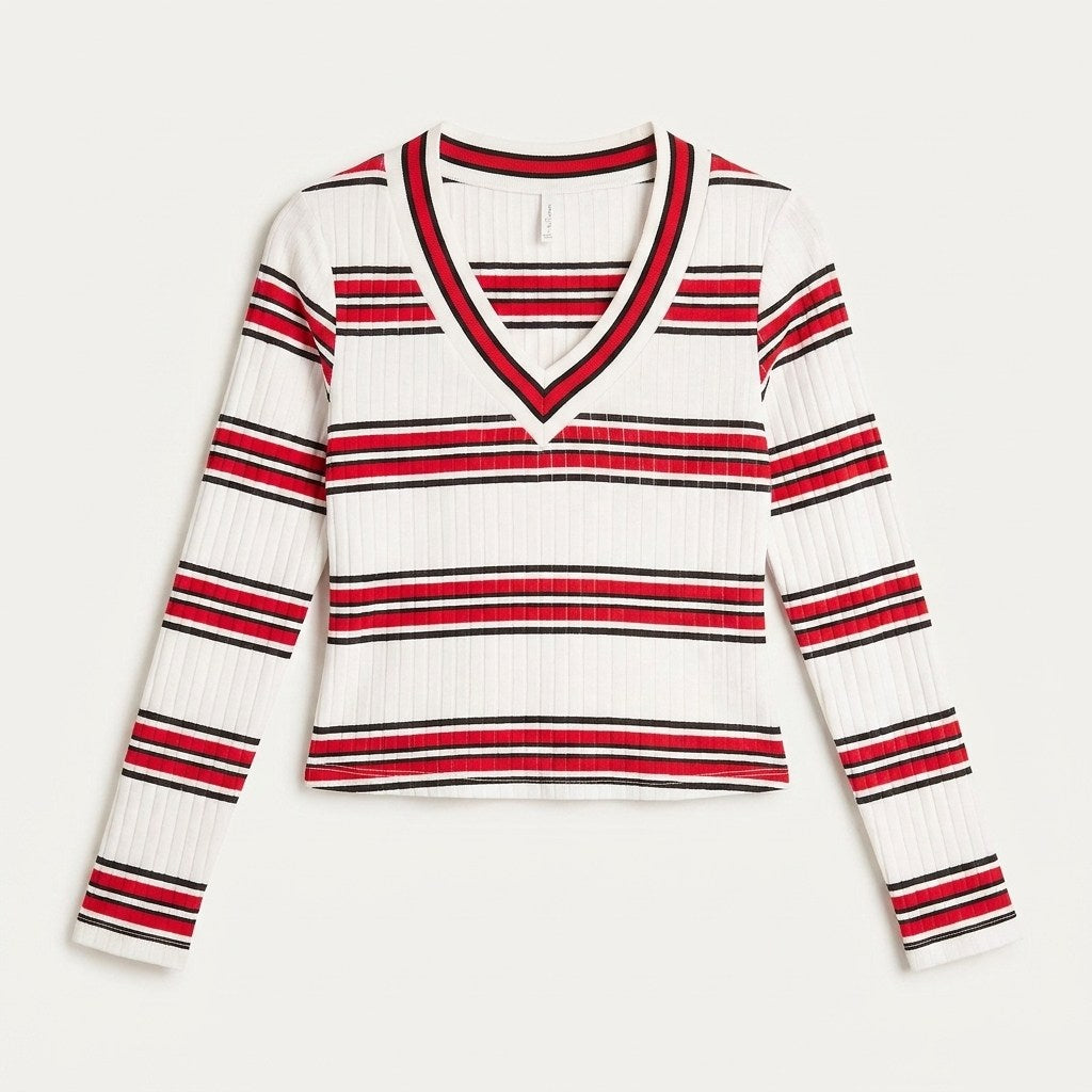Polera Cuello V Listada Blanco en plano