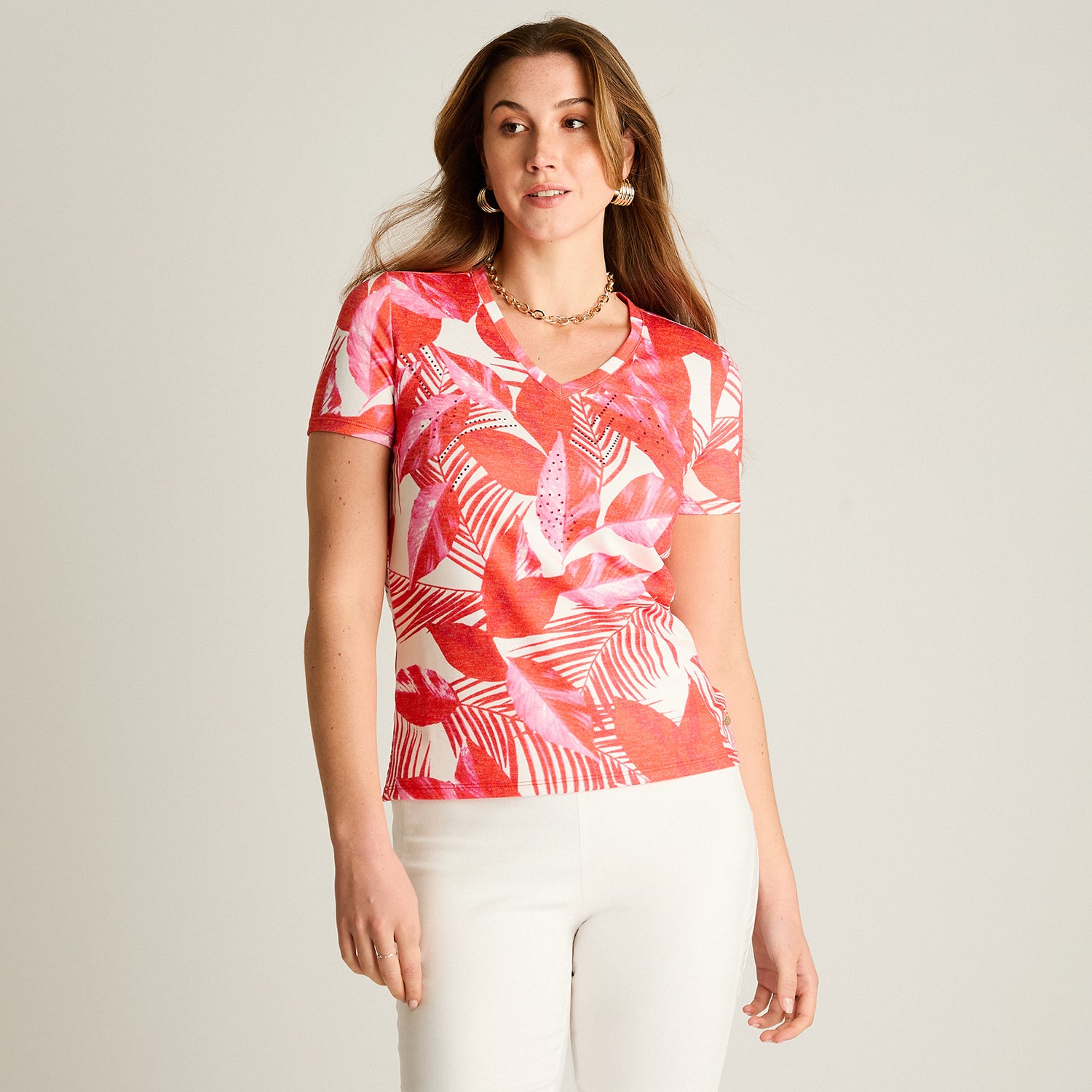 Polera Roja Estampado Tropical Elegante