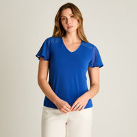 Polera Azul Oscuro Manga Corta con Volantes