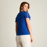 Polera Azul Oscuro Manga Corta con Volantes