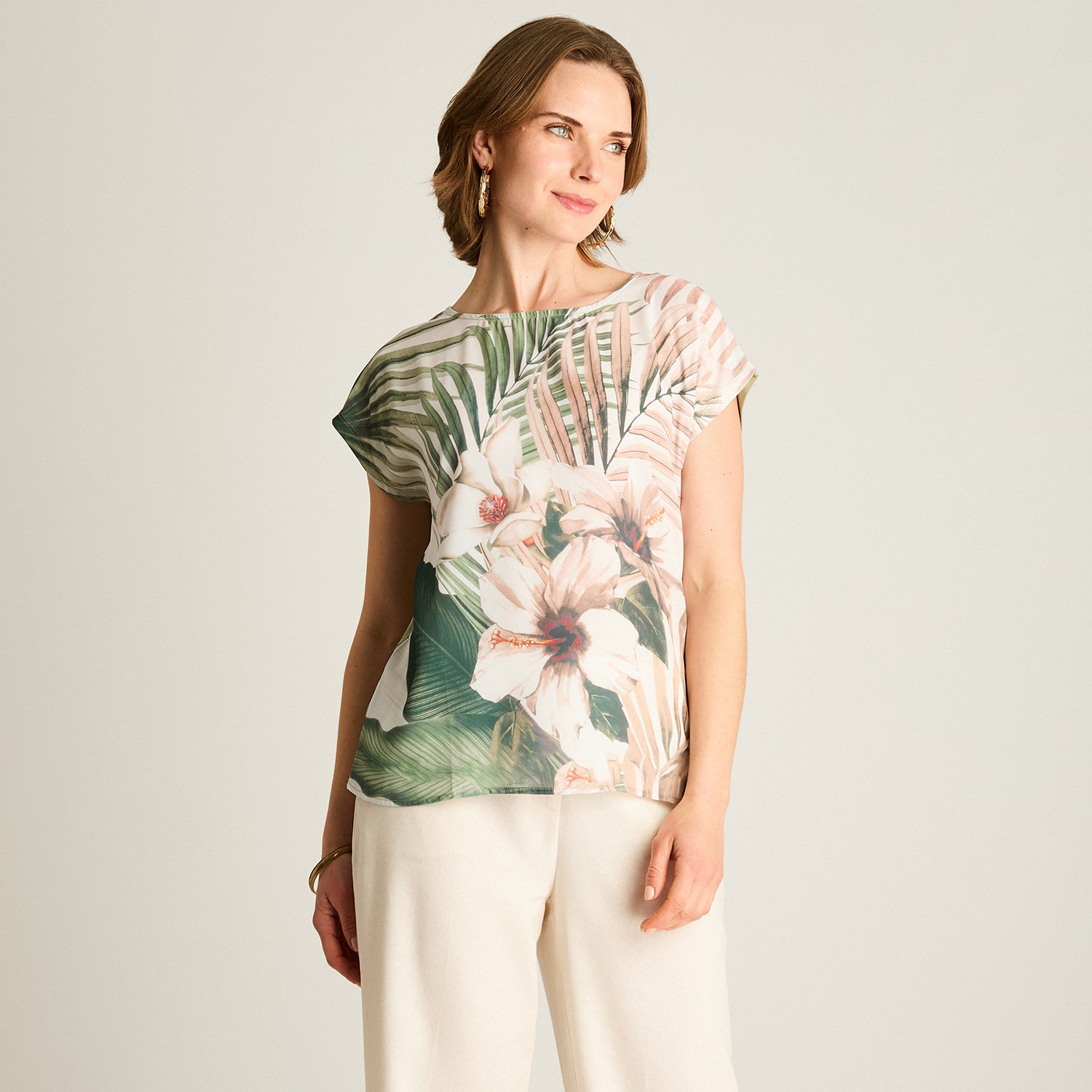 Polera Verde Estampado Tropical Manga Corta