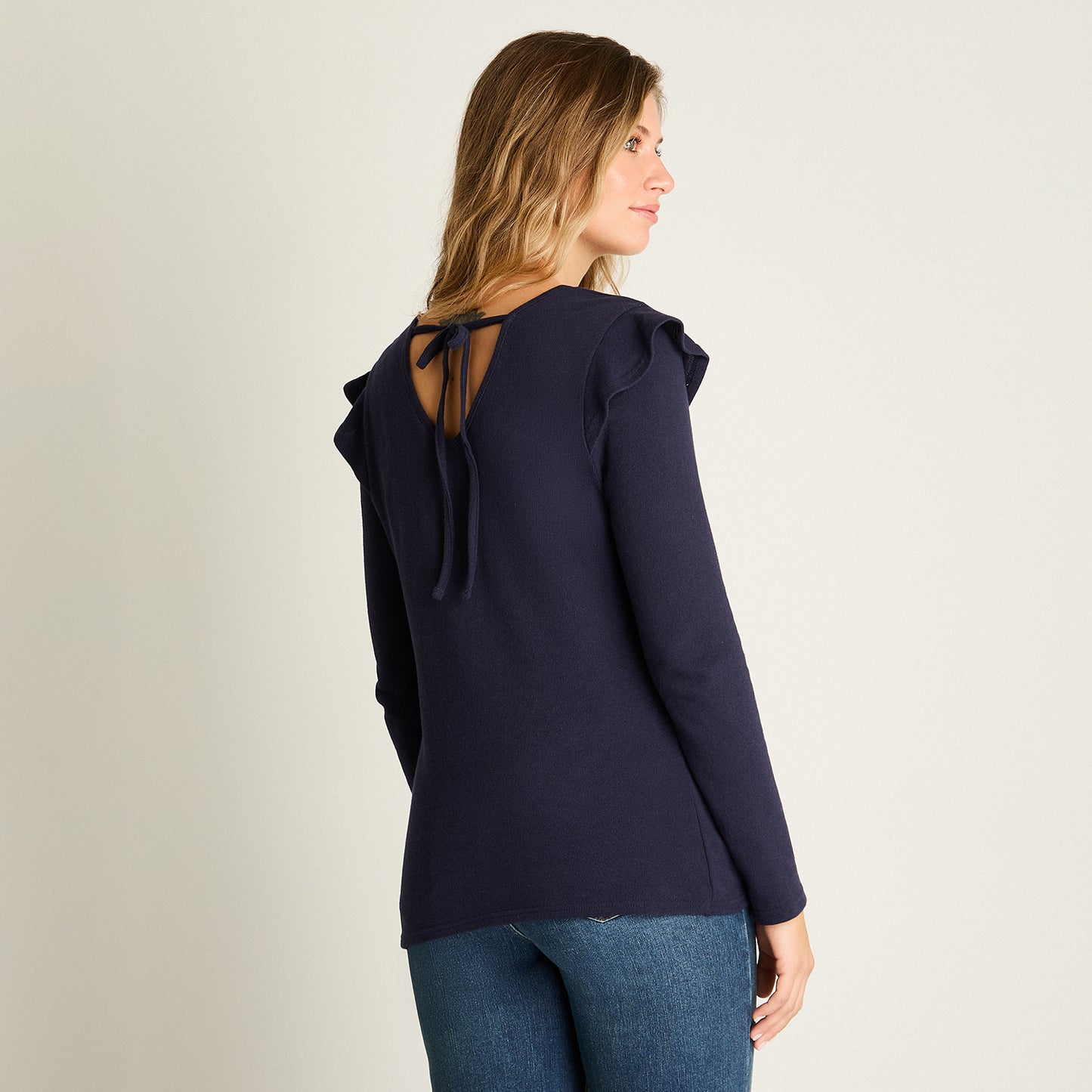 Polera Azul Manga Larga Baja elasticidad Sin Forro Calce Normal
