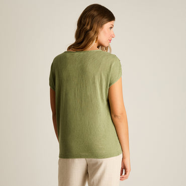 Polera Oliva Manga Corta Elasticidad Media Sin Forro Calce Holgado