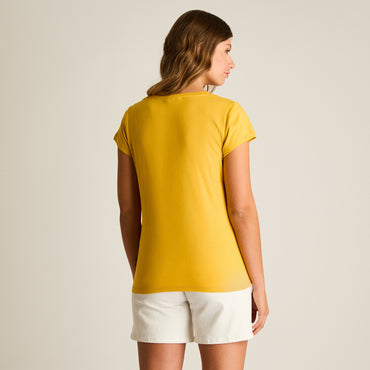 Polera Mostaza Manga Corta Elasticidad Media Sin Forro Calce Normal