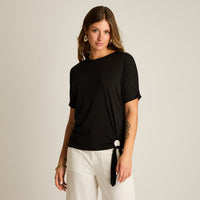 Polera Negro Manga Corta Elasticidad Media Sin Forro Calce Holgado