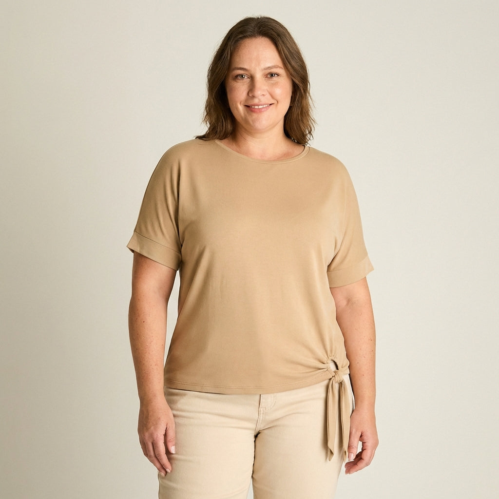 Polera Beige Manga Corta con Lazo Lateral