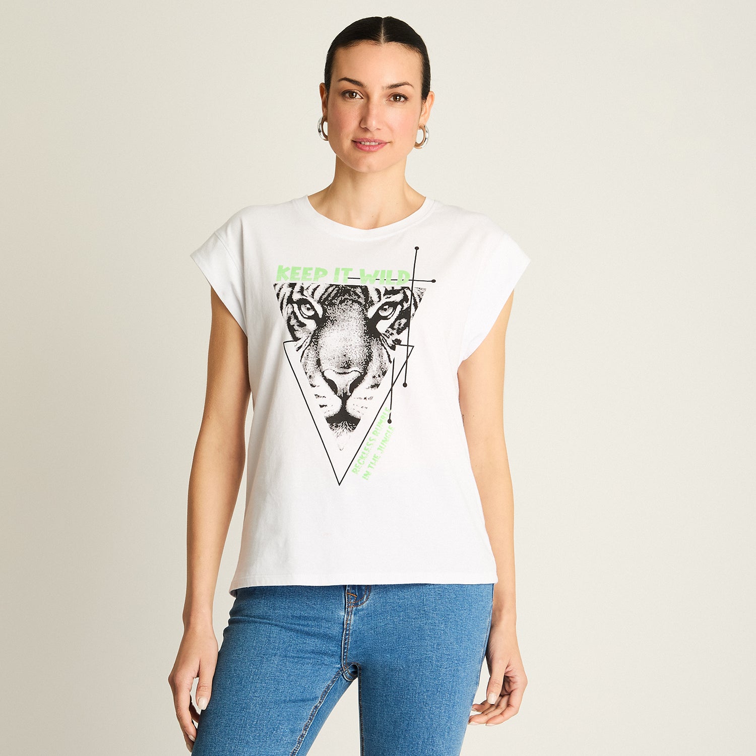 Polera Blanca Manga Corta Estampado Tigre 'Keep It Wild'