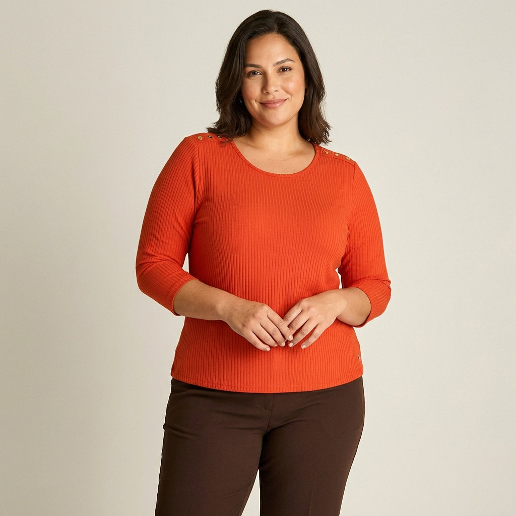 Polera Rib Terracota Manga 3/4 con Aplicación en Hombros