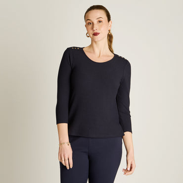 Polera Azul Manga 3/4 Elasticidad Media Sin Forro Calce Normal Tela Plano