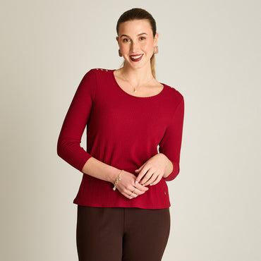 Polera Rojo Manga 3/4 Elasticidad Media Sin Forro Calce Normal Tela Plano