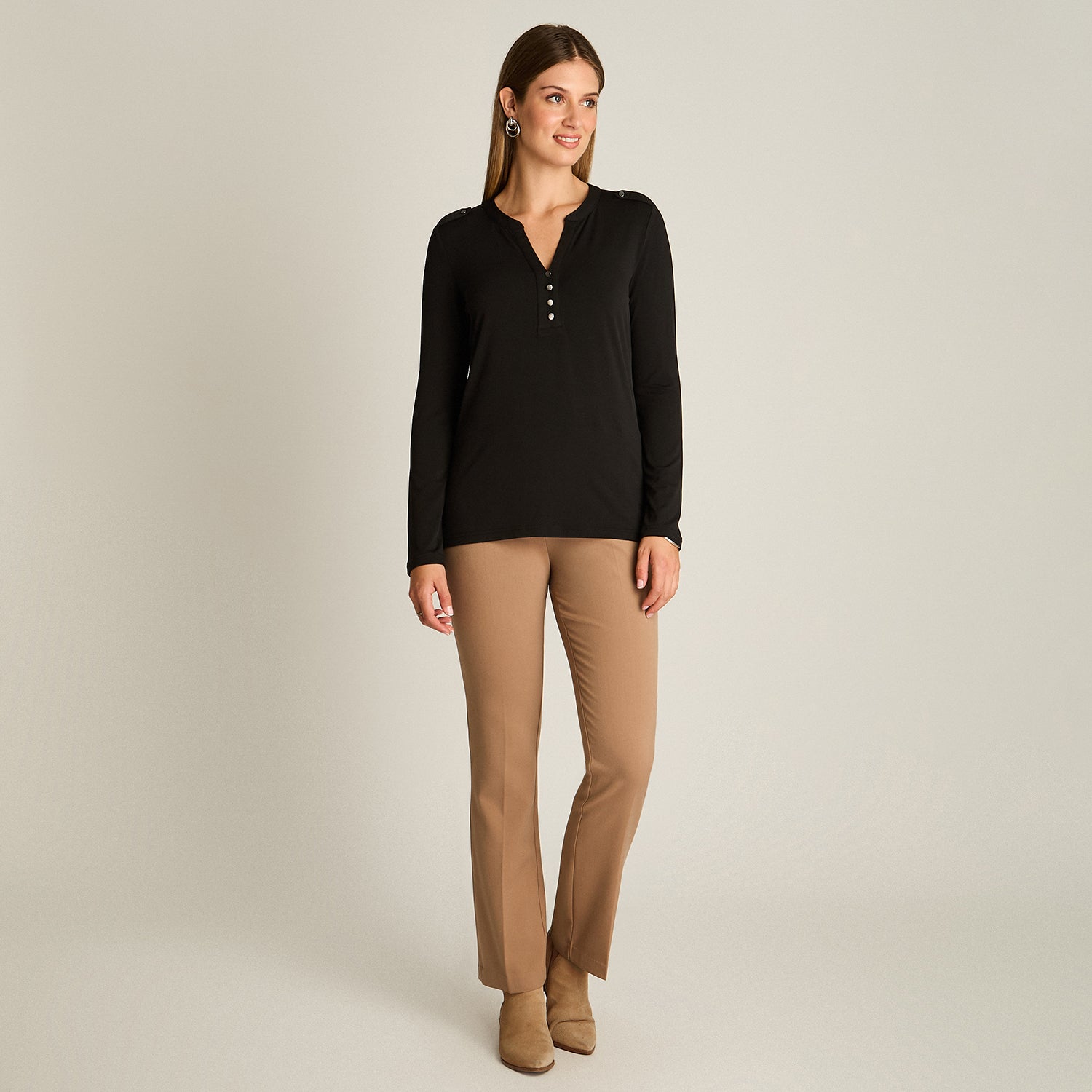 Polera Negro Manga Larga Elasticidad Media Sin Forro Calce Normal Tela Punto