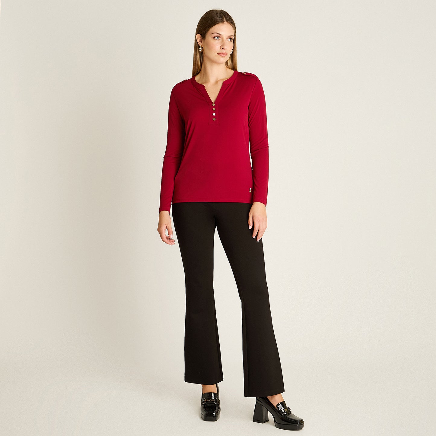 Polera Rojo Manga Larga Elasticidad Media Sin Forro Calce Normal Tela Punto