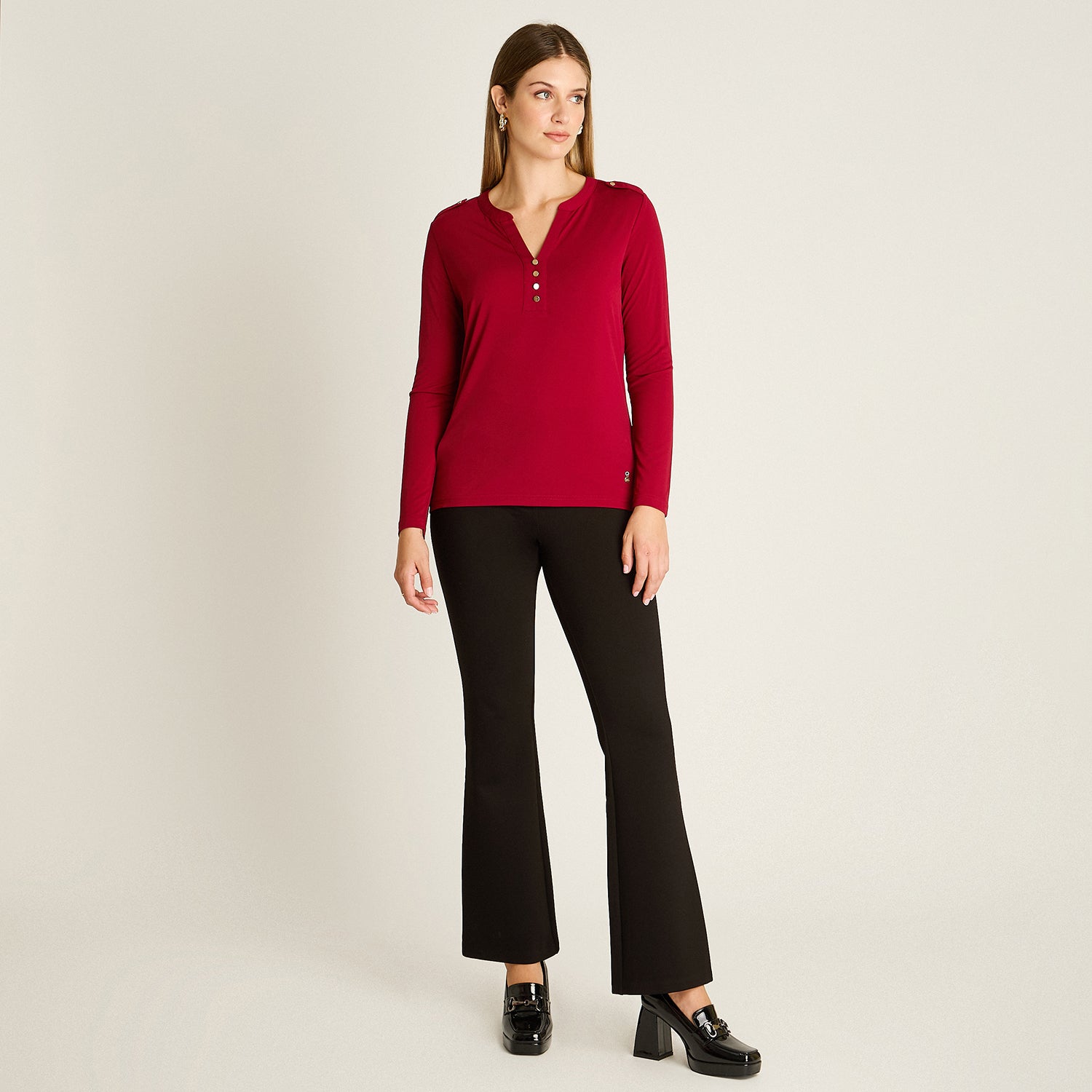 Polera Rojo Manga Larga Elasticidad Media Sin Forro Calce Normal Tela Punto