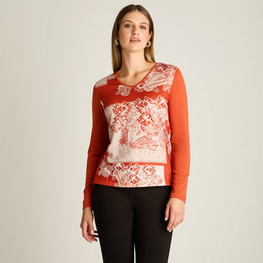 Polera Terracota Manga Larga Elasticidad Media Sin Forro Calce Normal Tela Camant