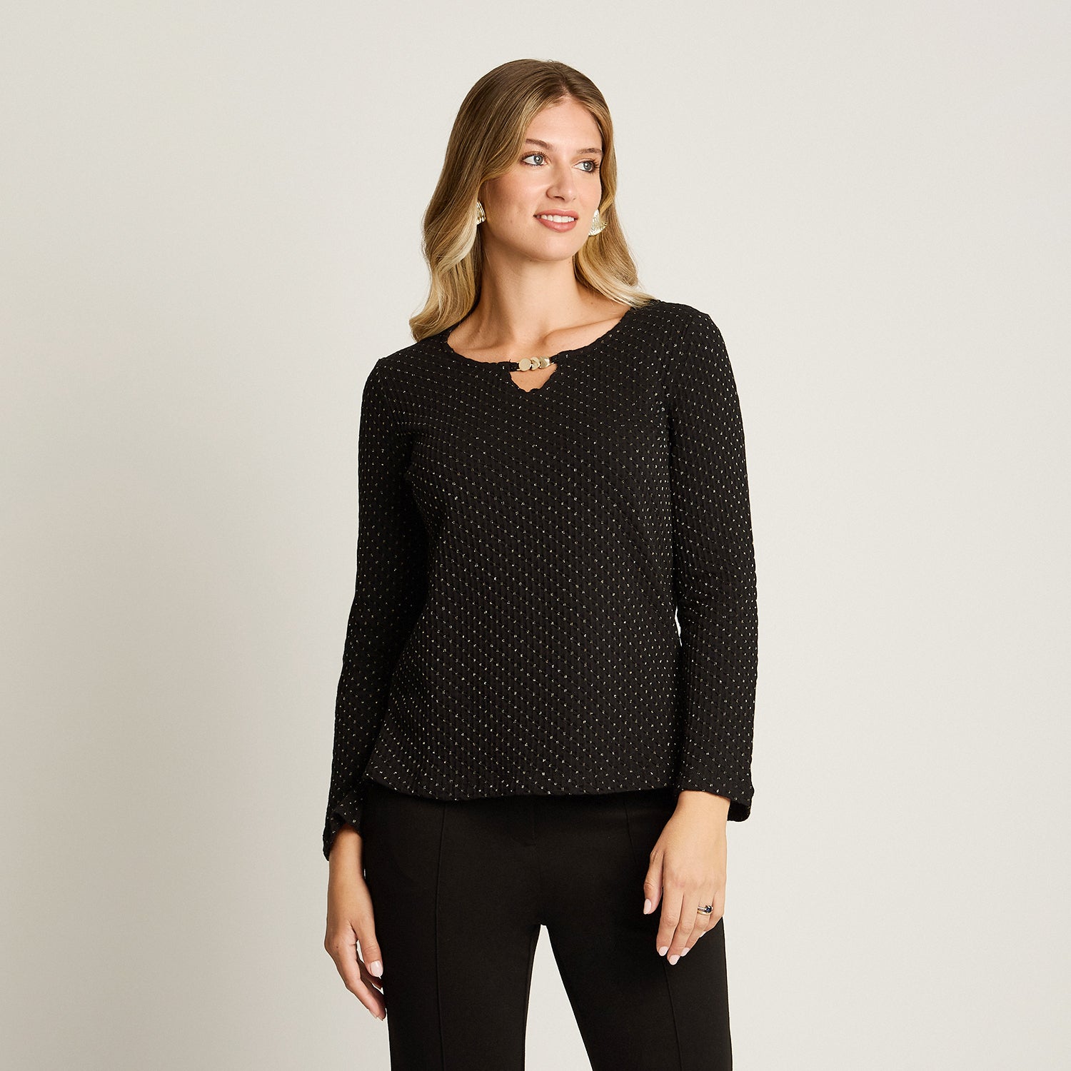 Polera Negro Manga Larga Elasticidad Media Sin Forro Calce Normal Tela Punto