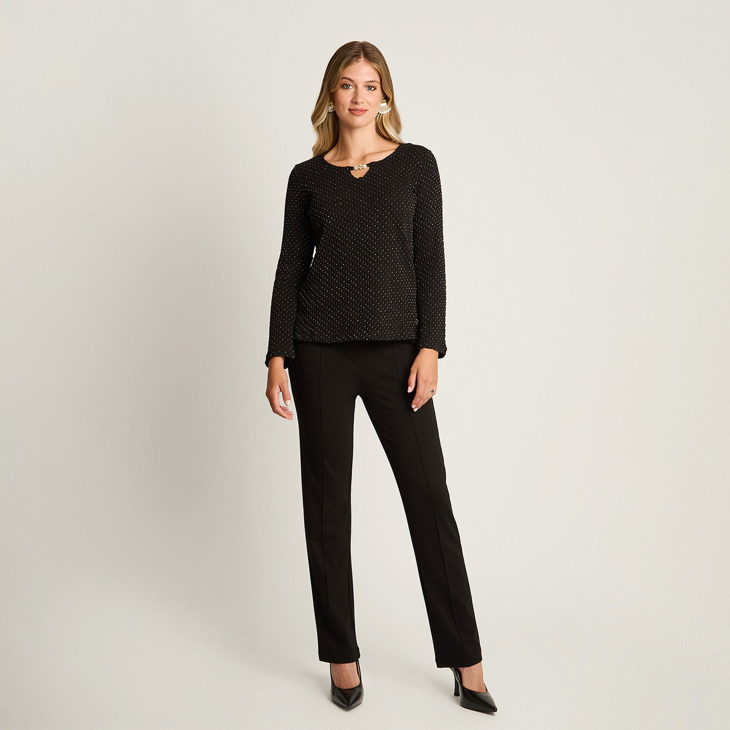 Polera Negro Manga Larga Elasticidad Media Sin Forro Calce Normal Tela Punto