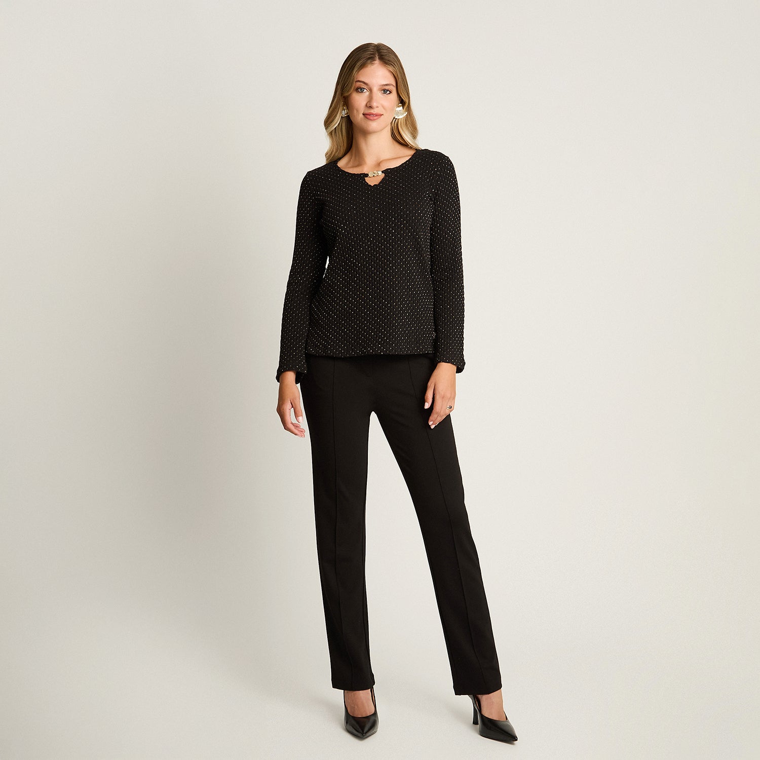 Polera Negro Manga Larga Elasticidad Media Sin Forro Calce Normal Tela Punto