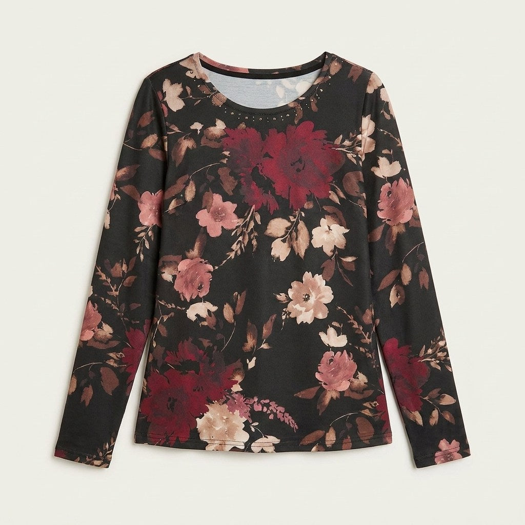 Polera Burdeo Estampada Escote Redondo en plano