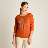 Polera Terracota Manga 3/4 Elasticidad Media Sin Forro Calce Normal Tela Punto