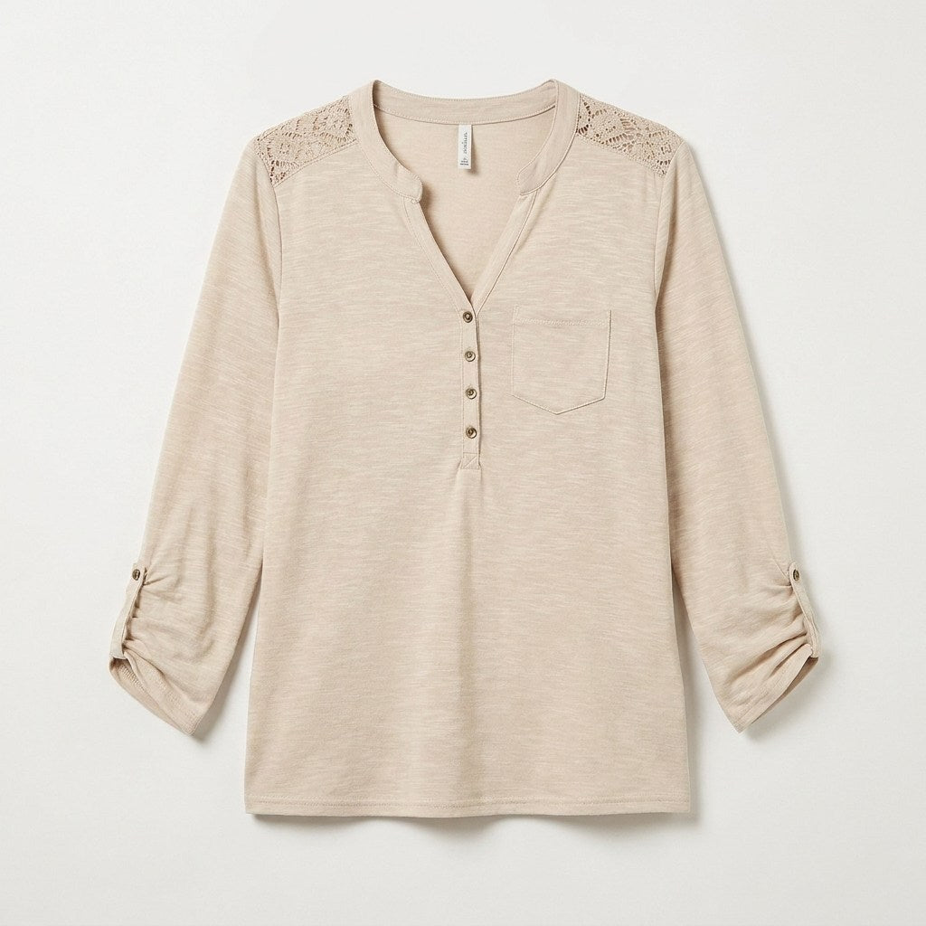 Polera Beige Manga Larga con Detalle de Macramé en plano