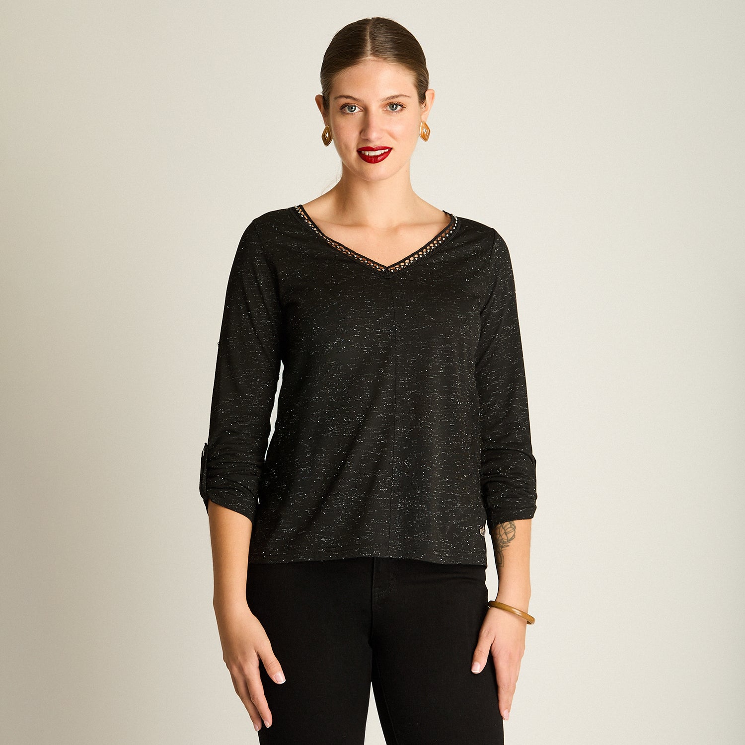 Polera Negro Manga Larga Elasticidad Media Sin Forro Calce Normal Tela Punto